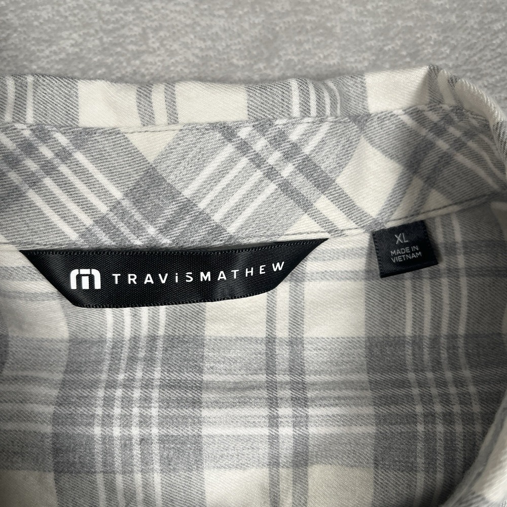 TravisMathew Men XL Plaid Long Sleeve Button Front Shirt Gray White Cotton Blend - Picture 3 of 7